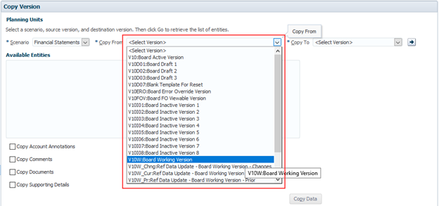 Selected copy from version, shows a list of scenarios